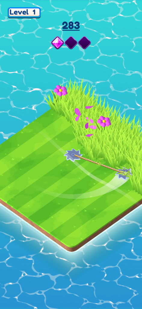 Gameplay screenshot of Grass Cut showing a rotating saw blade trimming overgrown grass on a floating island surrounded by water
