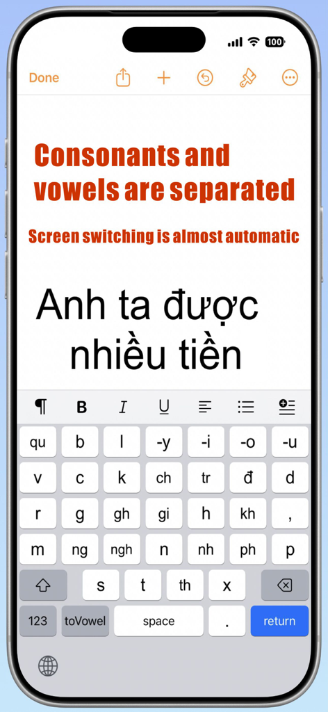 A screenshot of the NguyenKey app on an iPhone showing the consonant keyboard layout and automated screen switching for efficient Vietnamese typing.