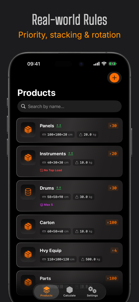 Smart Packer: 3D Cargo Planner - Interfaz de Smart Packer que muestra una lista de artículos de carga con dimensiones y reglas de apilamiento