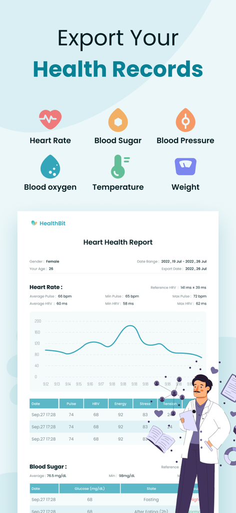 Interfaz de la aplicación HealthBit que muestra la función Exportar tus registros de salud con iconos para monitorizar la frecuencia cardíaca, el azúcar en sangre y la presión arterial.
