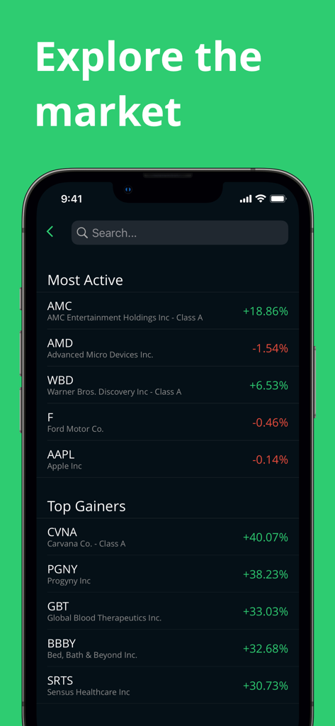 MarketSim - MarketSim app interface showing most active and top gaining stocks with real-time price changes.