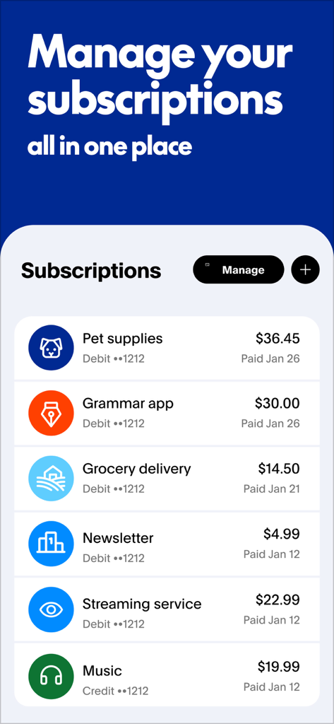 PayPalアプリのインターフェース、音楽ストリーミングや食料品配達サービスを含む管理された月間サブスクリプションのリストを表示