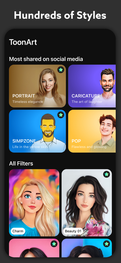 Polaroid AI Photo : ToonArt - Interface do aplicativo ToonArt exibindo vários estilos de filtro de desenho animado e retrato de IA como caricatura e simpzone