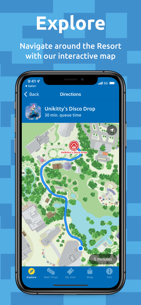LEGOLAND California - Official - Screenshot of the LEGOLAND California app showing an interactive resort map with navigation directions to Unikitty's Disco Drop