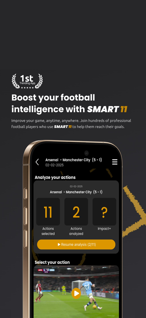 Smart11 - Interfaz de la aplicación móvil Smart11 para análisis de vídeo de partidos de fútbol profesional e inteligencia táctica