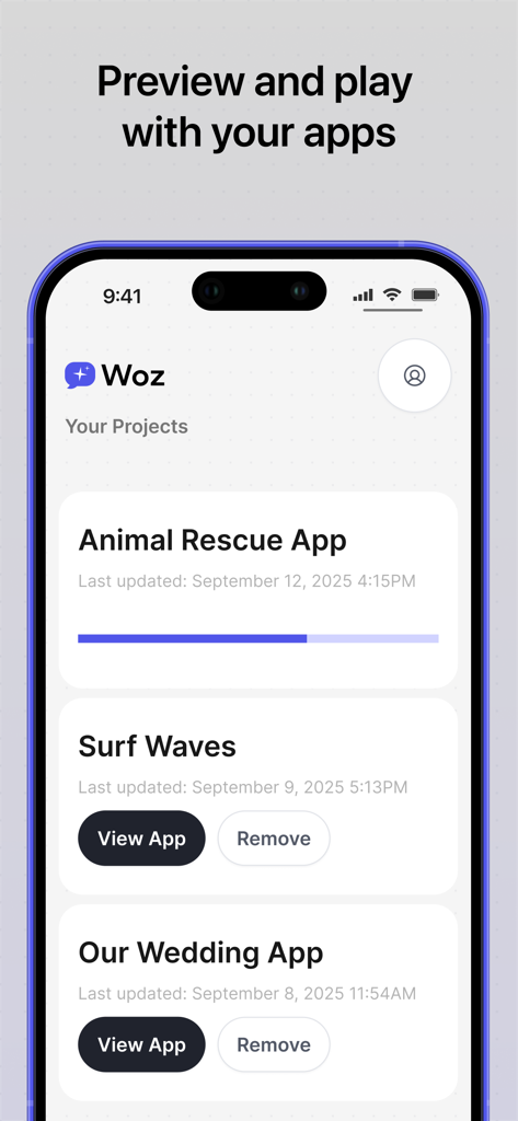 Woz - App Builder - Dashboard of Woz app builder showing a list of mobile app projects including Animal Rescue and Surf Waves.