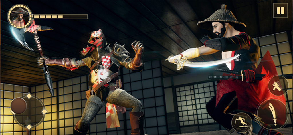 Shadow Ninja Assassin Fight - A samurai warrior in a straw hat engages in a sword fight with an armored knight in a Japanese-style room.