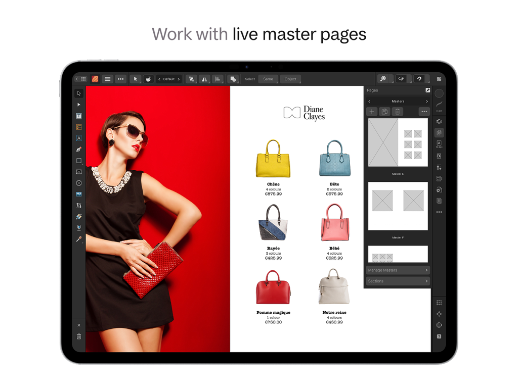 Design di layout di catalogo di moda con pagine master live su Affinity Publisher 2 per iPad