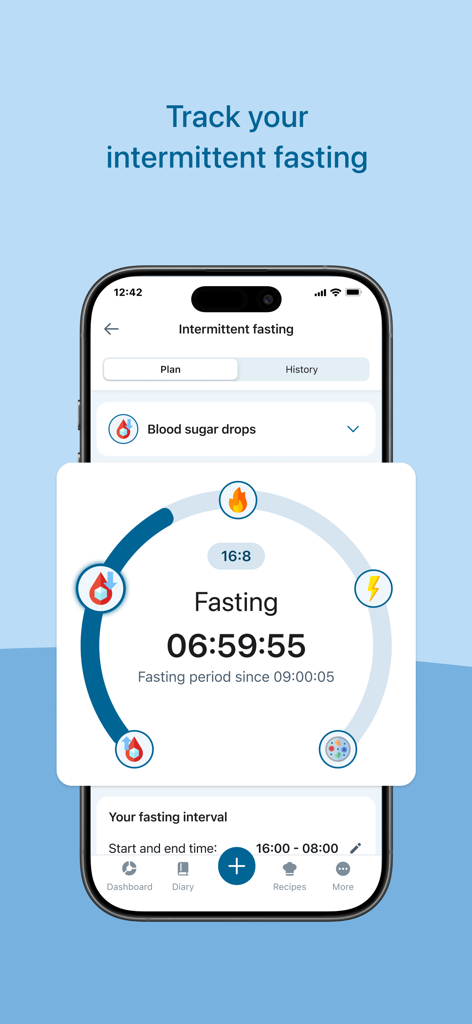 Intermittent fasting tracker interface showing a 16-8 fasting plan timer in the Fddb app