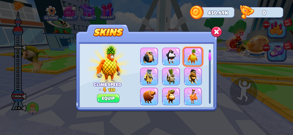 Brainzot Climb and Jump - Un menu in Brainzot Climb and Jump che mostra varie skin per personaggi e una skin di ananas selezionata con statistiche sulla velocità di arrampicata
