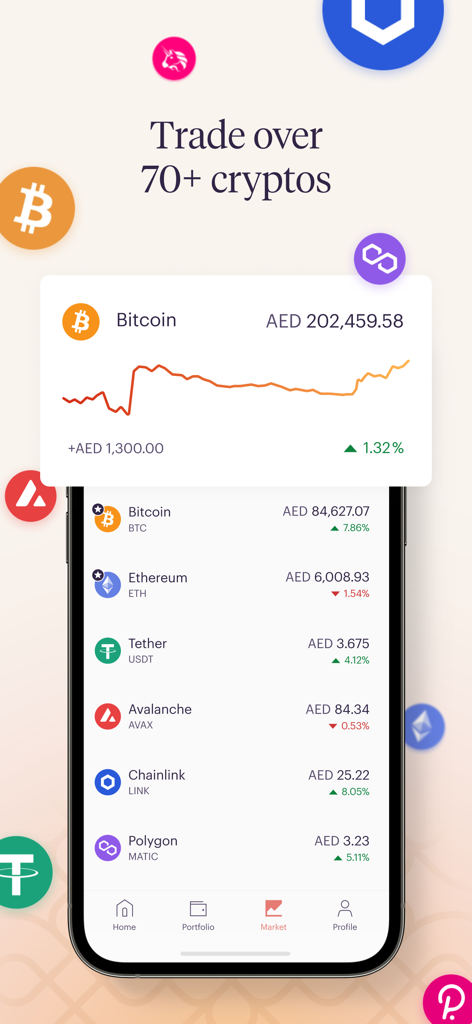 Rain mobile app market screen displaying cryptocurrency prices in AED