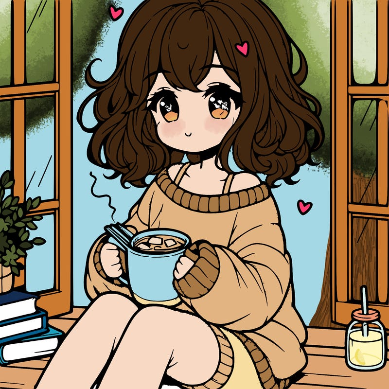cute anime girl reading book and drinking hot chocolate from mug with loose wavy hair wearing a baggy sweatshirt and shorts sitting by windowsill looking out