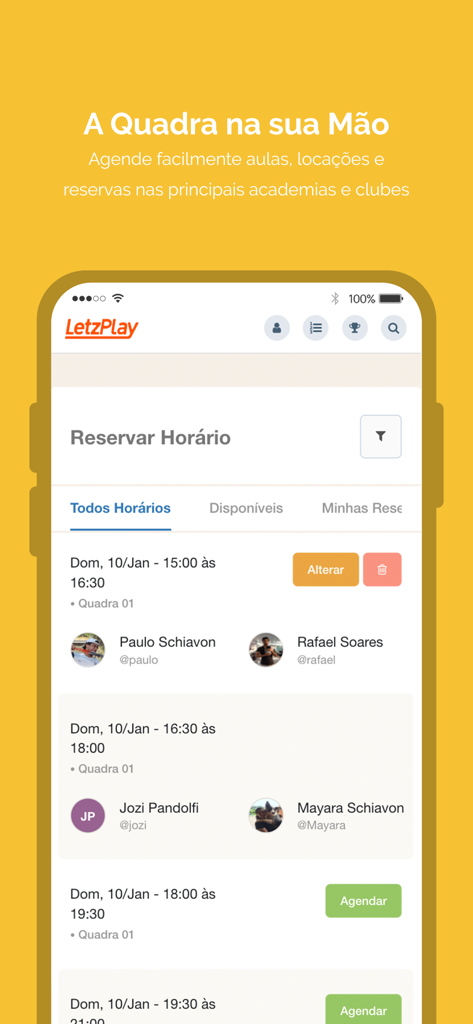LetzPlay.me - LetzPlay app interface for booking and scheduling tennis courts with player profiles.