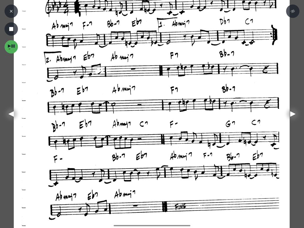 Camelot Pro - Partitura musical escrita a mano con acordes y notas mostradas en el lector de partituras de Camelot Pro.