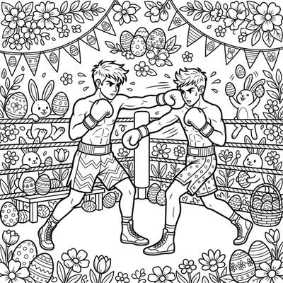 Unleash your creativity with this unique coloring page combining the intensity of boxing with the joy of Easter. Watch two dynamic boxers in action, surrounded by playful bunnies, decorated eggs, and beautiful spring blossoms.