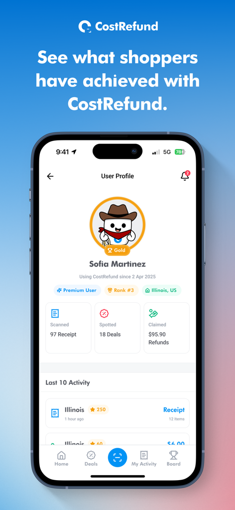 User profile in the CostRefund app displaying total refunds claimed and receipts scanned.