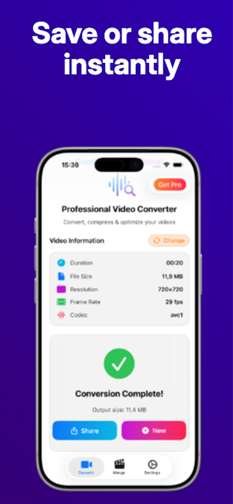 Video Converter Vidify - Pantalla de la app Vidify que muestra una conversión de video exitosa con opciones para compartir o iniciar un nuevo proyecto.