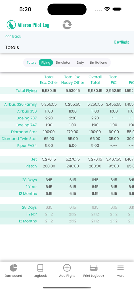 Aileron Pilot Log - Aileron Pilot Log screen displaying total flying hours categorized by aircraft type and time periods