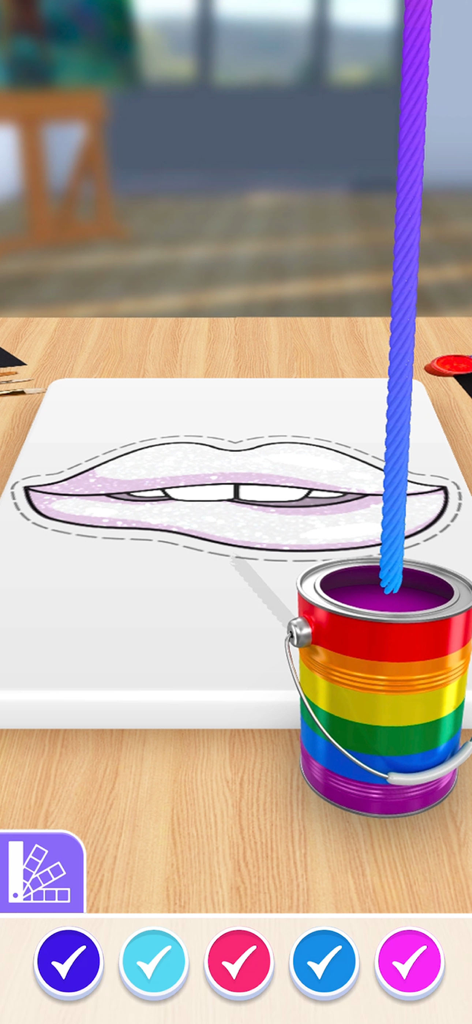 String Pull - A digital string being dipped into a rainbow paint bucket next to a canvas with a sketch of lips in the String Pull mobile game.