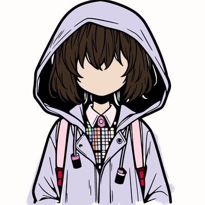 little anime girl in a raincoat her hair is covering her eyes she has a lighter