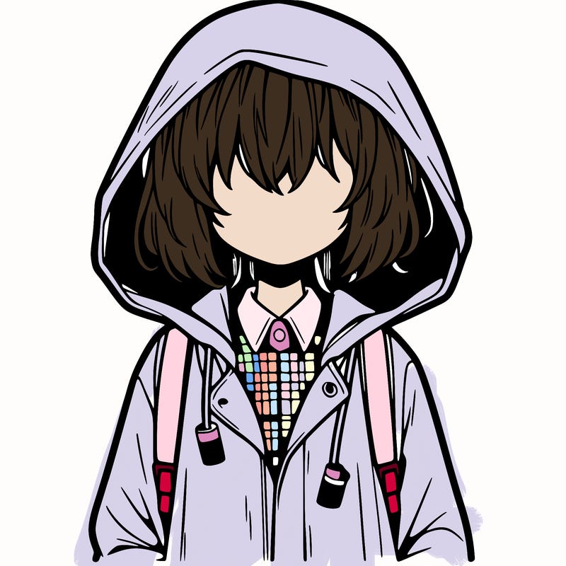 little anime girl in a raincoat her hair is covering her eyes she has a lighter