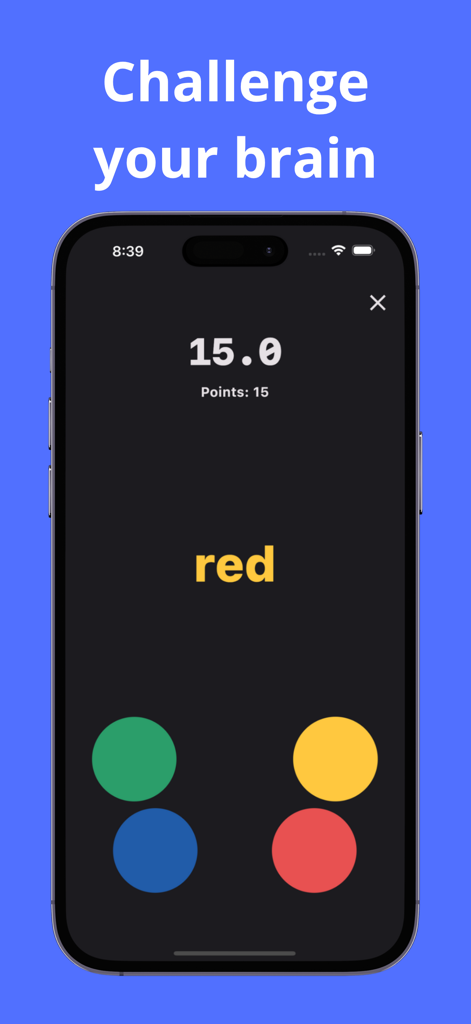 RTap Reaktions-Trainings-App zeigt einen Gehirn-Challenge-Spielbildschirm mit farbigen Kreisen.