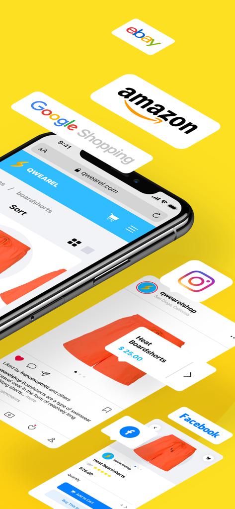 Ecwid Ecommerce - Smartphone montrant la boutique Ecwid e-commerce synchronisée avec Amazon, eBay, Google Shopping, Instagram et Facebook.