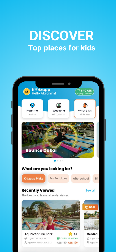 Kidzapp - Family Activities - Kidzapp App-Bildschirm mit Familienaktivitäten und Top-Orten für Kinder