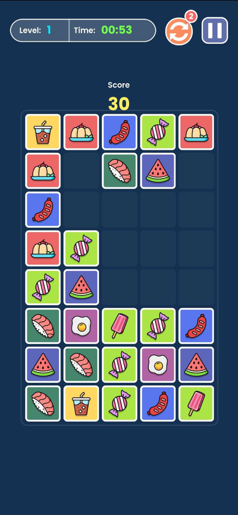 2 Player Game Box Online - Gameplay screenshot of a food-themed matching puzzle game within the 2 Player Game Box Online app