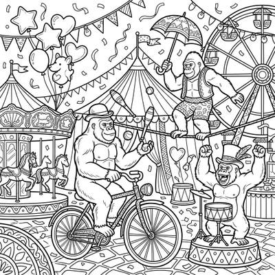 Experience the thrilling spectacle of a gorilla-themed carnival with this dynamic coloring page, perfect for teens. Featuring detailed scenes of juggling, tightrope walking, and drumming gorillas amidst festive fairground attractions.