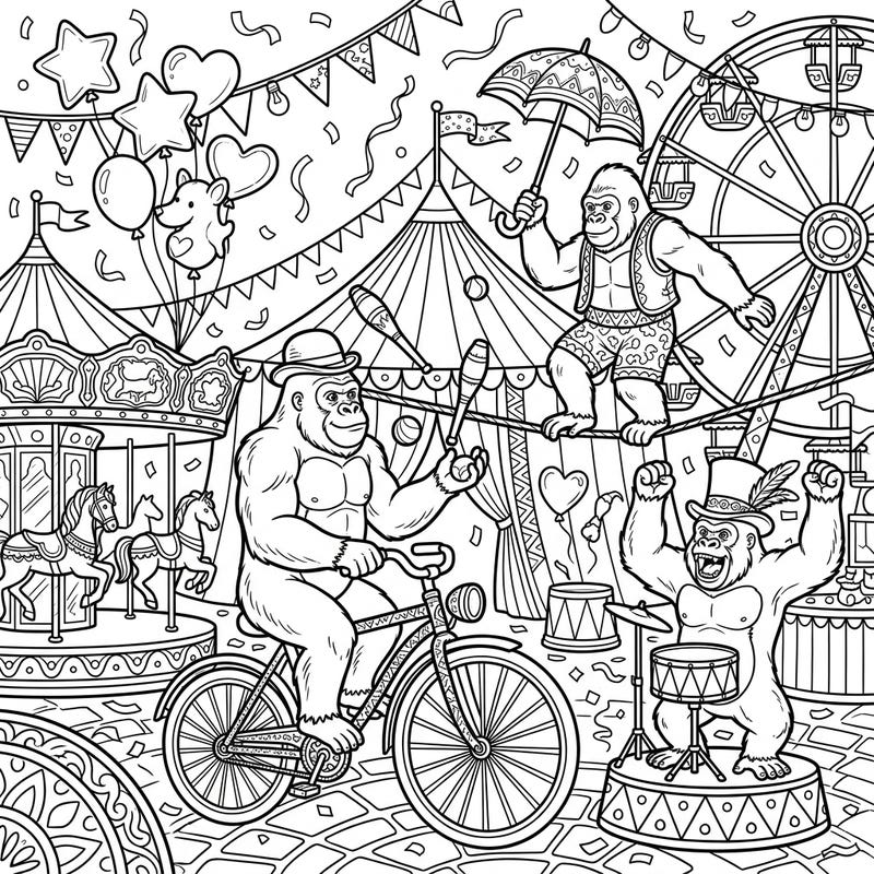 Experience the thrilling spectacle of a gorilla-themed carnival with this dynamic coloring page, perfect for teens. Featuring detailed scenes of juggling, tightrope walking, and drumming gorillas amidst festive fairground attractions.