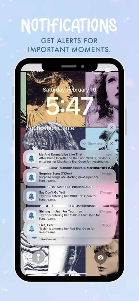 Swift Alert - iPhone notification center displaying real-time Eras Tour alerts from the Swift Alert app.