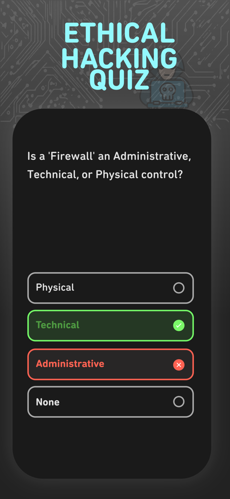 Cybersecurity Quiz App - A screenshot of an ethical hacking quiz question about firewall control types with a correct answer highlighted in green.