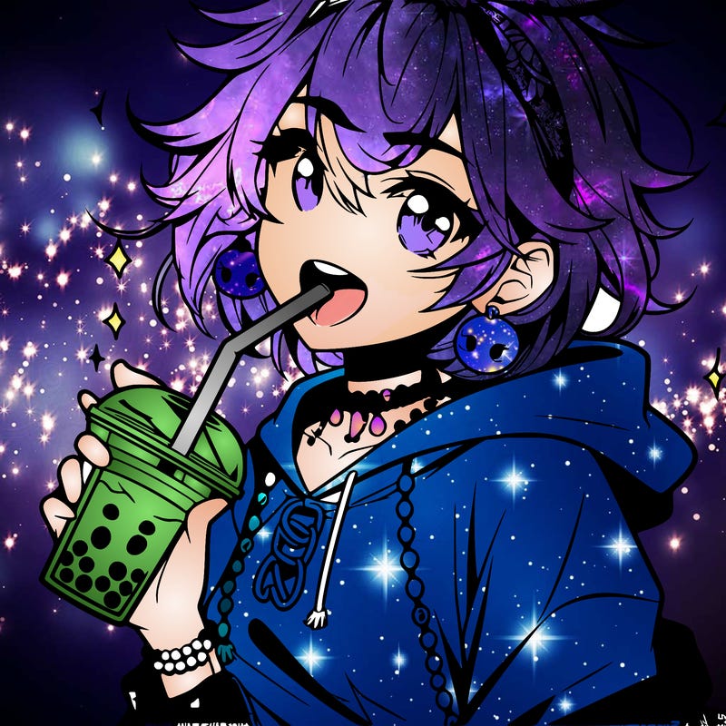 hot baddie anime girl drinking boba and biting the straw