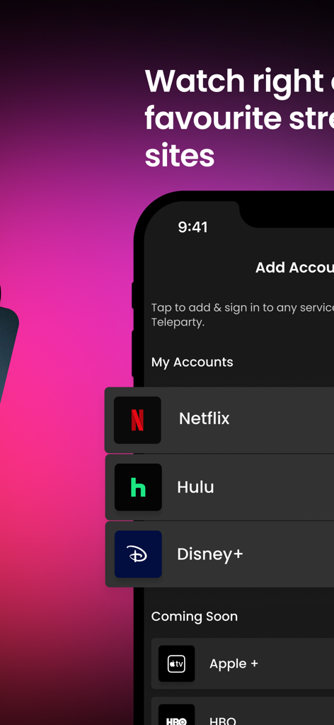 Teleparty app screen showing a list of streaming services including Netflix Hulu and Disney Plus