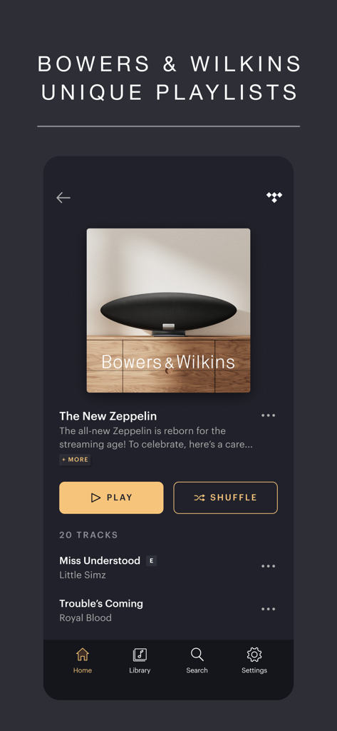 Music | Bowers & Wilkins - Bowers and Wilkins App-Bildschirm mit einzigartigen Playlists und kuratierten Inhalten für High-End-Lautsprecher