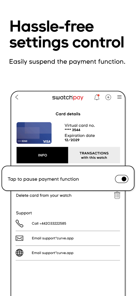 Swatch Pay App-Oberfläche, die Kartendetails und einen Schalter zum Sperren der Zahlungsfunktion anzeigt