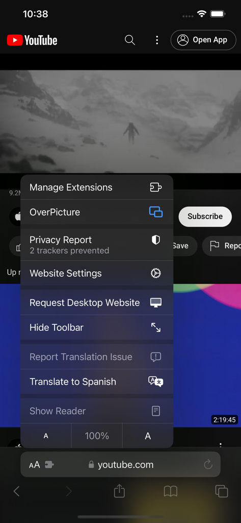 OverPicture Safari-Erweiterungsmenü auf dem iPhone