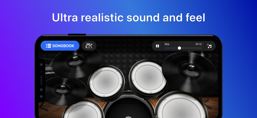 Drums: Learn & Play Beat Games - Una pantalla de smartphone que muestra una batería virtual realista con una función de cancionero