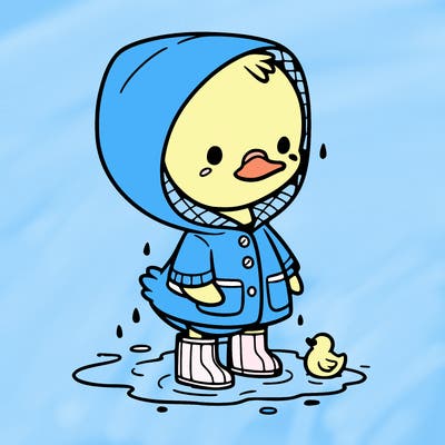 baby duck in a rain coat and boots, in a puddle while it’s raining