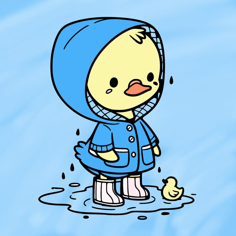 baby duck in a rain coat and boots, in a puddle while it’s raining