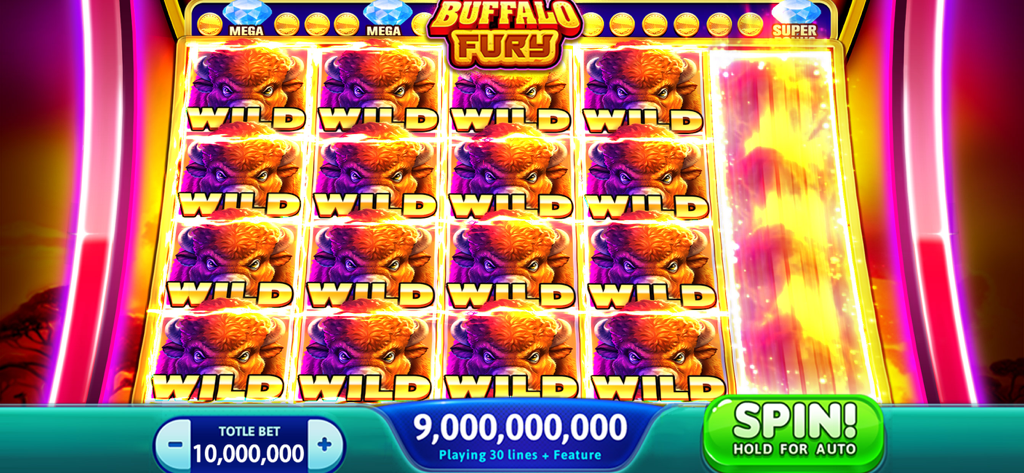 Vegas Party Casino Slots Game - Buffalo Fury slot machine screen in Vegas Party Casino Slots showing multiple wild buffalo symbols and a massive coin balance