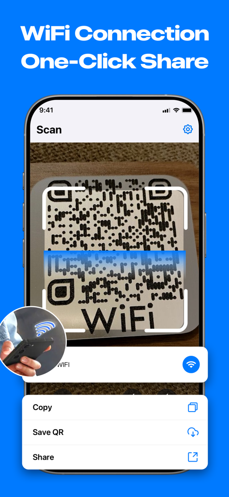 VibeScan: QR Scanner - VibeScan app interface scanning a WiFi QR code to connect and share with one click