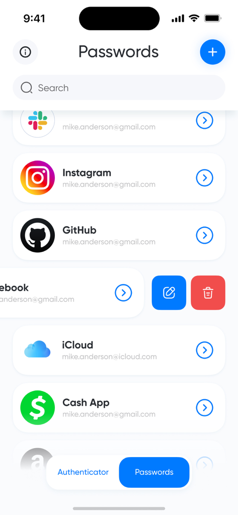 Authenticatorアプリのインターフェースに表示されるInstagram、GitHub、iCloudなどの保護されたアカウントのリスト。