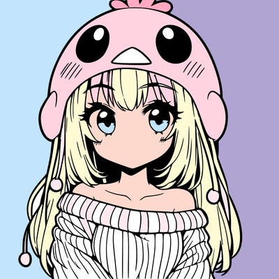 anime girl with chick shaped hat with sweater with bare shoulders with bangs covering them one eye with low tail