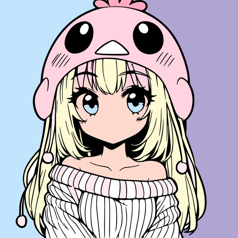 anime girl with chick shaped hat with sweater with bare shoulders with bangs covering them one eye with low tail