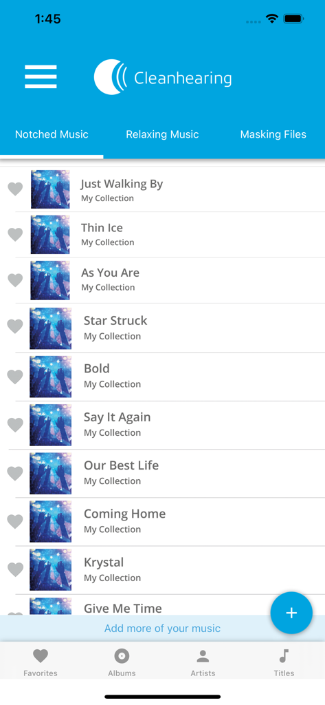 Cleanhearing Tinnitus App interface showing a list of notched music tracks for therapy