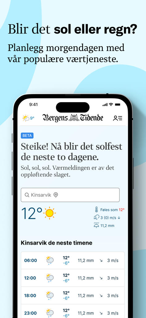 Bergens Tidende - Bergens Tidende mobile app displaying a local weather forecast for Kinsarvik with hourly updates and temperature details