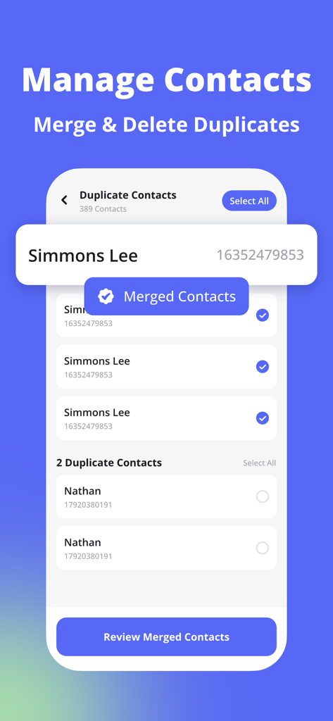 AI Cleaner - Storage Cleanup - Interface of AI Cleaner app showing contact management and duplicate merging feature