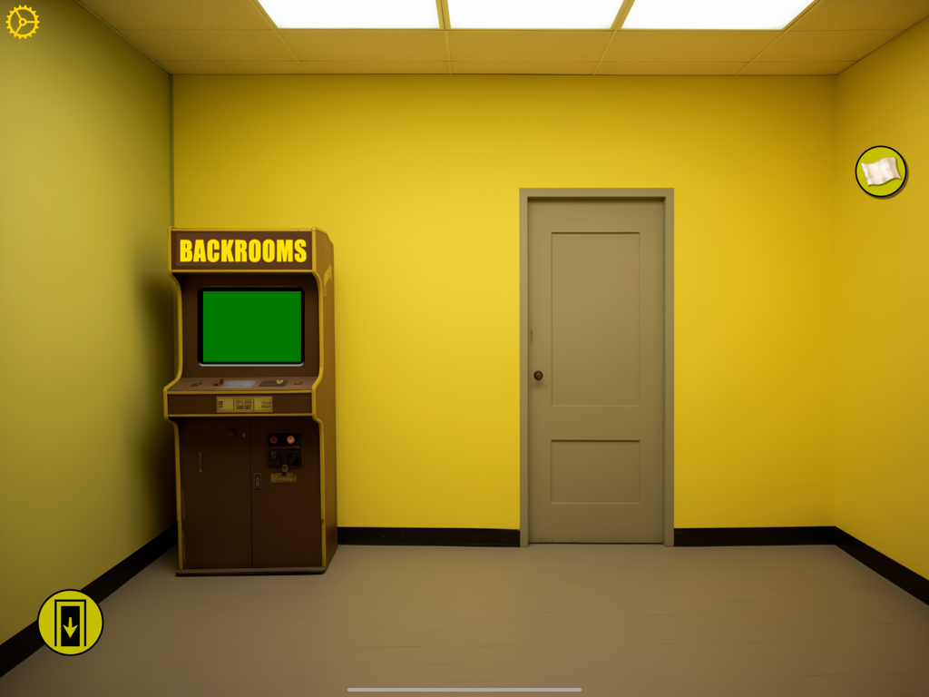 The Backrooms - Uma sala liminar amarela com uma máquina de fliperama retrô e uma porta fechada em The Backrooms game.